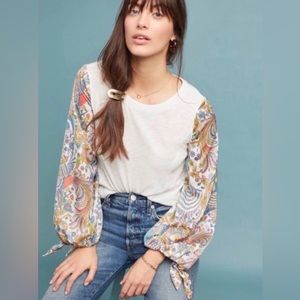 Anthropologie Contrast-Sleeve Peacock Print Top